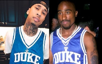 A picture of Tyga and Tupac wearing the same Duke basketball jersey.